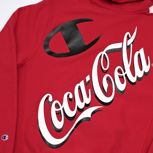 Champion x Coca Cola‎ Reverse Weave Hoodie Small Red Sweatshirt Stacked Logo - Picture 1 of 12